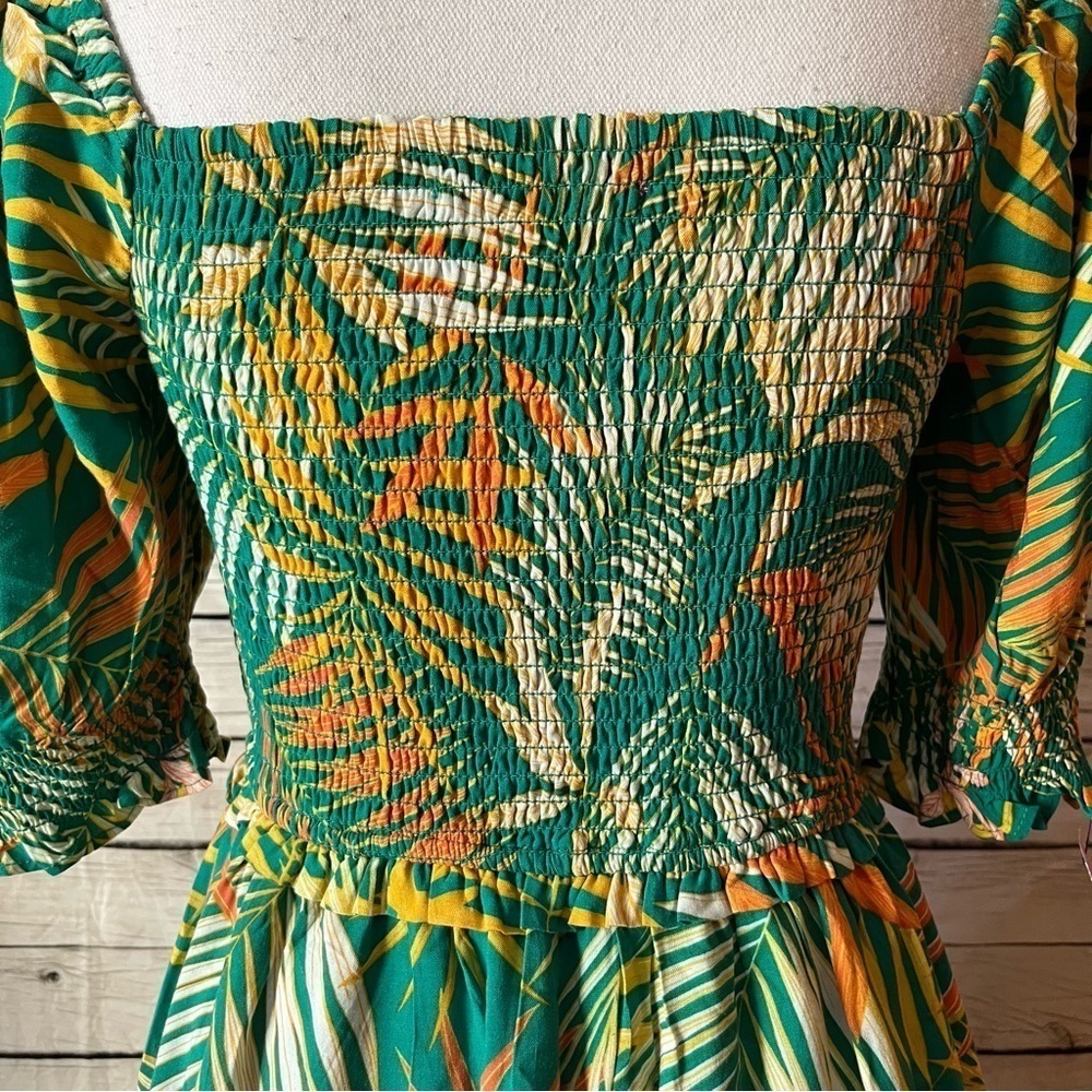 BETSEY JOHNSON Smocked Maxi Dress in Green Tropical Leaf Print Size X-Small - Picture 14 of 16